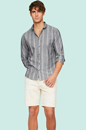 Erkek Uzun Kollu Çizgili Gömlek Yaka Düğmeli Pamuklu Rahat Günlük Yaz Aylarının Vazgeçilmezi