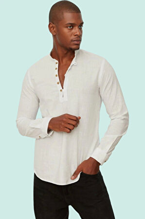 Erkek Pamuklu Keten Görünümlü Gömlek; Hakim Yaka Slim Fit Günlük Şıklık Yaz Aylarının Vazgeçilmezi