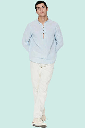 Erkek Pamuklu Keten Görünümlü Gömlek; Hakim Yaka Slim Fit Günlük Şıklık Yaz Aylarının Vazgeçilmezi