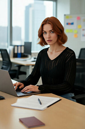 Kadın İnce Akrilik Triko Kazak V Yaka Ajurlu Detaylı Regular Kesim Rahat Günlük Giyim Kaliteli