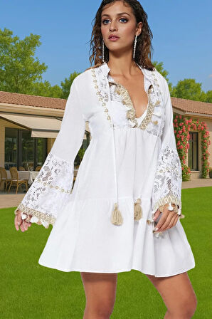 Nefes Alan Pamuklu Dantelli Plaj Mini Elbisesi V Yaka Yazlık Özel Tasarım Dayanıklı Malzeme