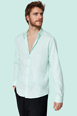 Erkek Pamuklu Gömlek Düğmeli Slim Fit Keten Görünümlü İş ve Günlük Yaz Aylarının Vazgeçilmezi