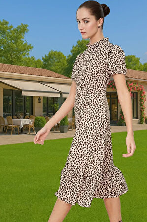 Şık A Kesim Midi Elbise Balon Kol Polyester Dokuma Yazlık Konforlu Kesim Rahat Ve Şık Seçkin Malzeme