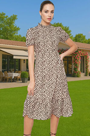 Şık A Kesim Midi Elbise Balon Kol Polyester Dokuma Yazlık Konforlu Kesim Rahat Ve Şık Seçkin Malzeme