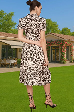 Şık A Kesim Midi Elbise Balon Kol Polyester Dokuma Yazlık Konforlu Kesim Rahat Ve Şık Seçkin Malzeme