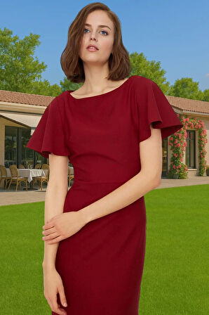 Şık Kadın Kısa Kollu Midi Elbise Polyester Elastan Kumaş Premium Kalite Trend Tasarım Seçkin Malzeme