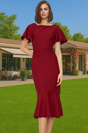 Şık Kadın Kısa Kollu Midi Elbise Polyester Elastan Kumaş Premium Kalite Trend Tasarım Seçkin Malzeme