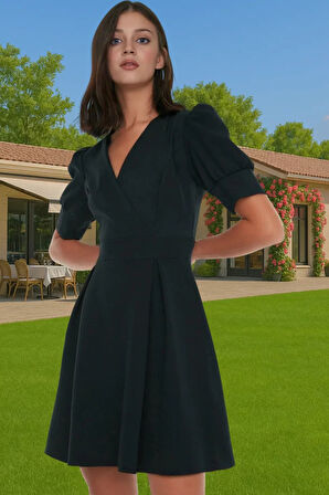 Kadın Mini Dokuma Elbise V Yaka Balon Kol Finike Dokuma Modern Stil Seçkin Malzeme Modern Stil