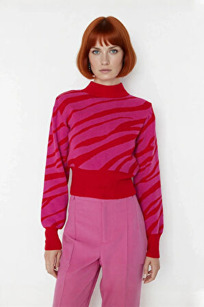 Kadınlara Özel Pembe Zebra Desenli Dik Yaka Uzun Kollu Crop Triko Kazak Kış Şıklığı İçin Kaliteli