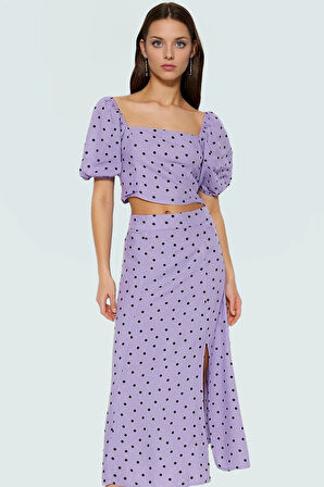 Rahat Yazlık Puantiyeli Viskoz Bluz Etek Takımı Kısa Kollu A line Profesyonel Görünüm