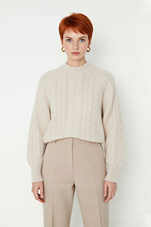 Kadınlara Özel Regular Kesim Saç Örgü Detaylı Triko Kazak Dik Yaka Balon Kol Kışlık Giyim Kaliteli