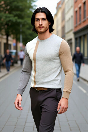Erkek Basic Siluet Bisiklet Yaka Renk Bloklu Uzun Kollu Fitted Kalıp İntersia Triko Kazak Kaliteli