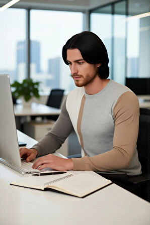 Erkek Basic Siluet Bisiklet Yaka Renk Bloklu Uzun Kollu Fitted Kalıp İntersia Triko Kazak Kaliteli