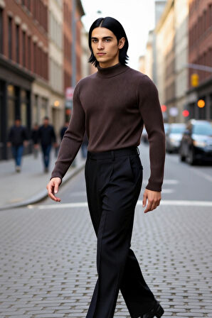 Erkek Dik Yaka Uzun Kol Fitilli Dar Kalıp Triko Kazak Kış Sezonu İçin Modern ve Konforlu Stil