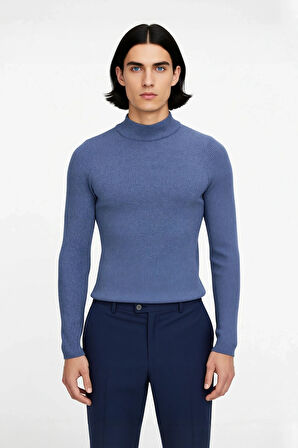 Erkek Dik Yaka Uzun Kol Fitilli Dar Kalıp Triko Kazak Kış Sezonu İçin Modern ve Konforlu Stil