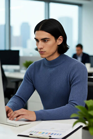 Erkek Dik Yaka Uzun Kol Fitilli Dar Kalıp Triko Kazak Kış Sezonu İçin Modern ve Konforlu Stil