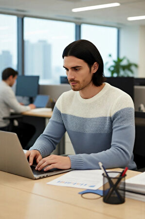 Erkek Basic Kesim Bisiklet Yaka Uzun Kol Renk Bloklu Akrilik Triko Kazak Kış Kombinlerine Özel