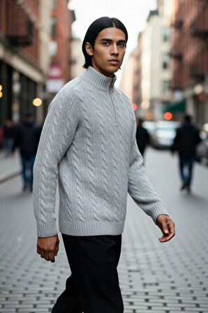 Erkek Regular Fit Fermuarlı Dik Yaka Yünlü Saç Örgü Kazak Kış Aylarında Konfor Ve Şıklık Sunar