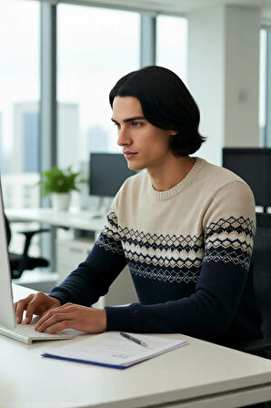 Erkeklere Özel Fitted Kalıp Etnik Desenli Bisiklet Yaka Triko Kazak Kışlık Kombinlerin Vazgeçilmezi