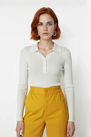 Kadın Merserize Görünümlü İnce Yapılı Uzun Kollu Polo Yaka Triko Kazak Şık ve Rahat Kaliteli