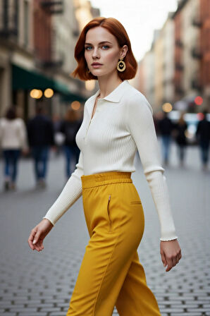 Kadın Merserize Görünümlü İnce Yapılı Uzun Kollu Polo Yaka Triko Kazak Şık ve Rahat Kaliteli