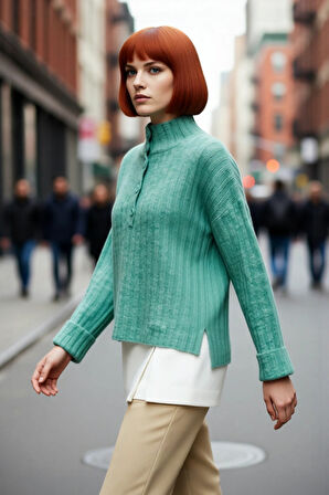 Kadın Dik Yaka Oversize Kalıp Düz Renk Düşük Kol Triko Kazak Soğuk Havalarda Konforlu ve Modern