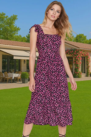 A Kesim Midi Boy Shally Dokuma Viskoz Elbise Kare Yaka Mükemmel Uyum Özenle Seçilmiş Uzun Ömürlü