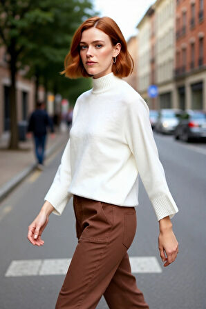 Kadın Oversize Dik Yaka Düz Triko Kazak Uzun Boylu ve Düşük Kollu Kışlık Rahat Günlük Giyim