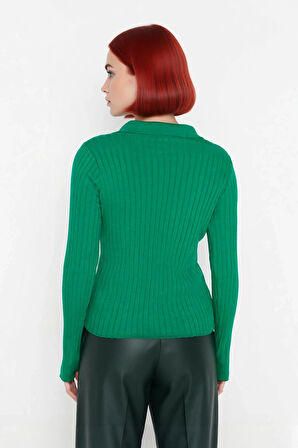 Kadınlara Özel Basic Regular Kesim Polo Yaka Fitilli Triko Kazak Modern ve Konforlu Stil Kaliteli