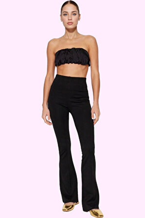 Kadın Nervürlü Düz Desen Flare Pantolon Yüksek Bel Günlük Kullanım İçin Yaz Aylarının Vazgeçilmezi