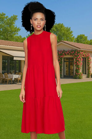 Kadın Şık Düz Kesim Kolsuz Midi Elbise Polyester Kumaş Nefes Alabilir Şık Görünüm Kaliteli İşçilik