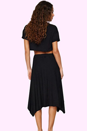 Kadın Yüksek Bel Midi Etek Zebra Desenli Asimetrik Kesim Örme Kumaş Günlük Kombin Hafta Sonu