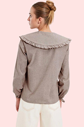 Kadın Flanel Dokuma Gömlek Büyük Bebe Yaka Düz Desen Günlük Casual Yaz Aylarının Vazgeçilmezi