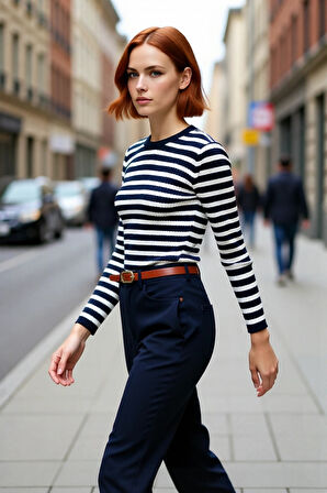 Kadın Çizgili Triko Fitted Uzun Kol Bisiklet Yaka Akrilik Basic Casual Günlük Kazak Kaliteli