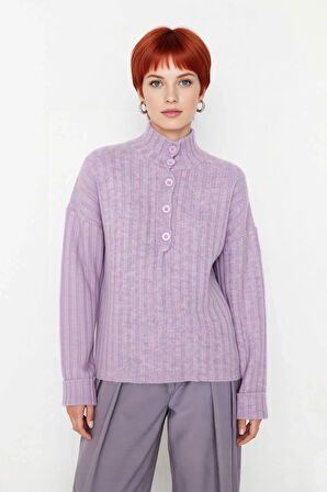 Kadın Dik Yaka Oversize Kalıp Düz Renk Düşük Kol Triko Kazak Soğuk Havalarda Konforlu ve Modern