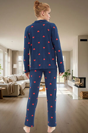 Kışlık %100 Pamuklu Pijama Takımı Kalpli Desenli Rahat Profesyonel Görünüm Ve Şık