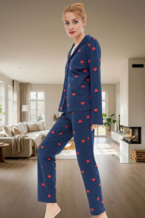 Kışlık %100 Pamuklu Pijama Takımı Kalpli Desenli Rahat Profesyonel Görünüm Ve Şık
