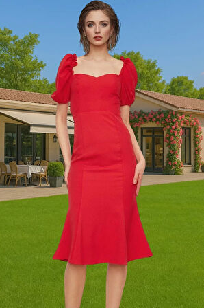 Şık Kalp Yaka Kısa Kollu Polyester Abiye Elbise Premium Kalite Dayanıklı Malzeme Kaliteli İşçilik