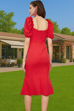 Şık Kalp Yaka Kısa Kollu Polyester Abiye Elbise Premium Kalite Dayanıklı Malzeme Kaliteli İşçilik