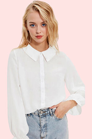 Kadın Dokuma Gömlek; Dantel Detaylı Balon Kol Bebe Yaka Regular Yaz Aylarının Vazgeçilmezi