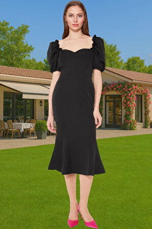 Şık Kalp Yaka Kısa Kollu Polyester Abiye Elbise Premium Kalite Dayanıklı Malzeme Kaliteli İşçilik