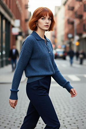 Kadın Oversize Triko Polo Yaka Saç Örgü Düşük Kollu Rahat Kışlık Basic Stil Kazak Kaliteli