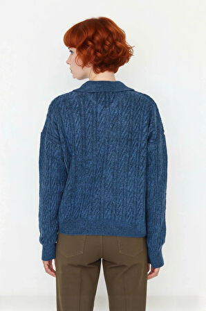 Kadın Oversize Triko Polo Yaka Saç Örgü Düşük Kollu Rahat Kışlık Basic Stil Kazak Kaliteli