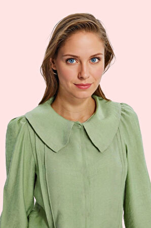 Kadın Viskoz Karışımlı Dokuma Gömlek; Düz Desen Bebe Yaka Balon Kol Günlük ve Ofis Şıklığı