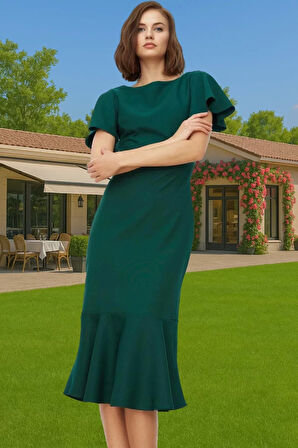 Şık Kadın Kısa Kollu Midi Elbise Polyester Elastan Kumaş Premium Kalite Trend Tasarım Seçkin Malzeme