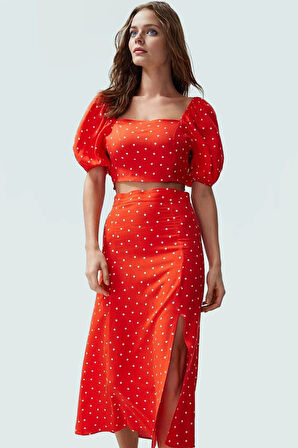 Rahat Yazlık Puantiyeli Viskoz Bluz Etek Takımı Kısa Kollu A line Profesyonel Görünüm