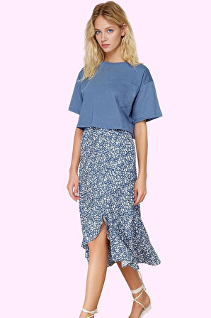 Kadın Yüksek Bel A line Midi Etek Çiçekli Desenli Örme Kumaş Rahat Yaz Aylarının Vazgeçilmezi