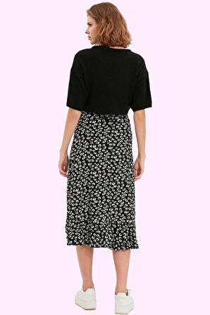 Kadın Yüksek Bel A line Midi Etek Çiçekli Desenli Örme Kumaş Rahat Yaz Aylarının Vazgeçilmezi