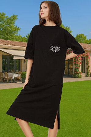 Rahat Kesim Bisiklet Yaka Nakışlı Midi Örme Elbise Dayanıklı Malzeme Trend Tasarım Rahat Kullanım