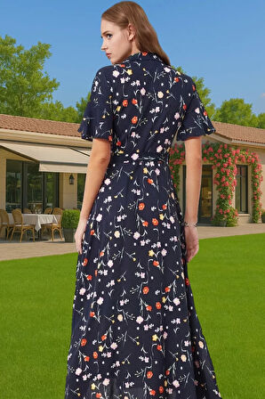 Yazlık Kadın Midi Gömlek Elbise Çiçek Desenli Viskoz Kumaşlı Rahat Konforlu Kesim Uzun Ömürlü